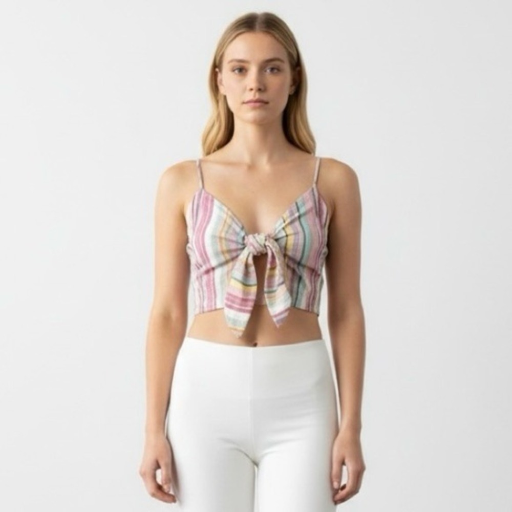 NWT AQUA Multi Stripe Tie Front Smocked Crop Top Spaghetti Straps